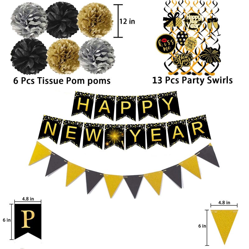 Famoby Happy New Year Banner Pom poms Triangle flag Swirls Garland Hanging Bunting for Happy New Year Party Decorations - Image 2